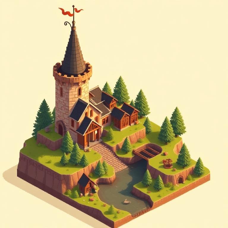 Isometric pixel art village with stone tower and pine trees.