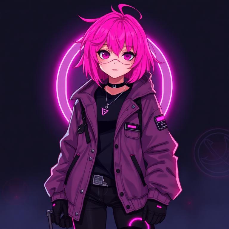 Cyberpunk character with neon pink hair and oversized jacket.