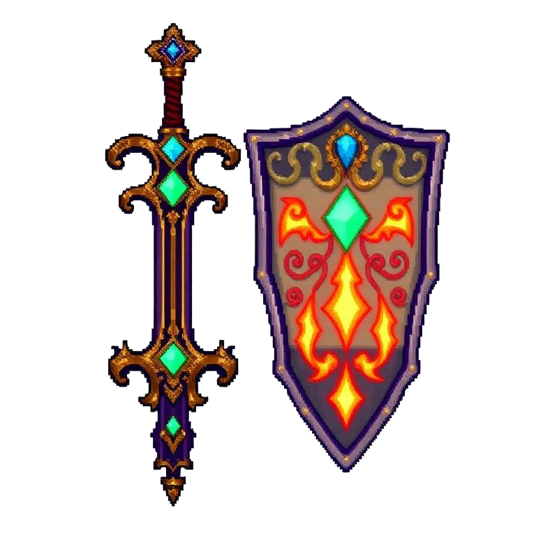 Pixel art sword and shield set with glowing magical runes.