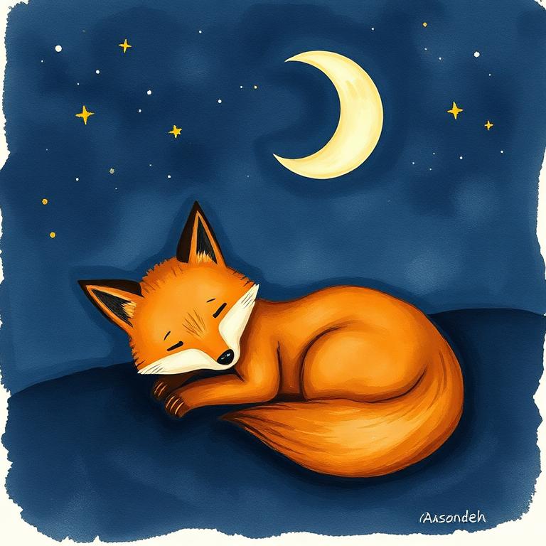 Painterly illustration of a sleeping fox under a starry crescent moon.
