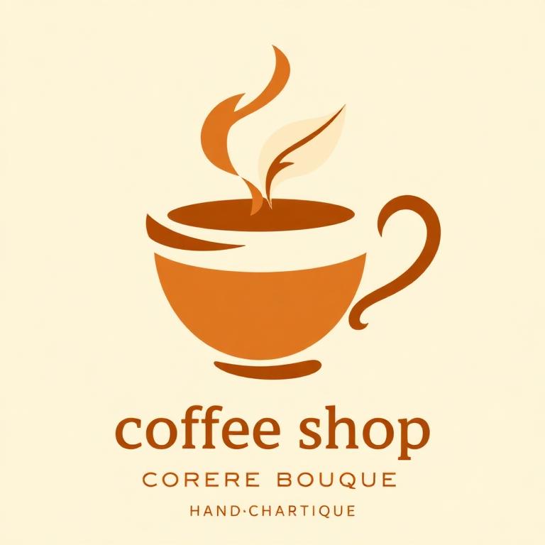 Stylized steaming coffee cup logo with a leaf detail.