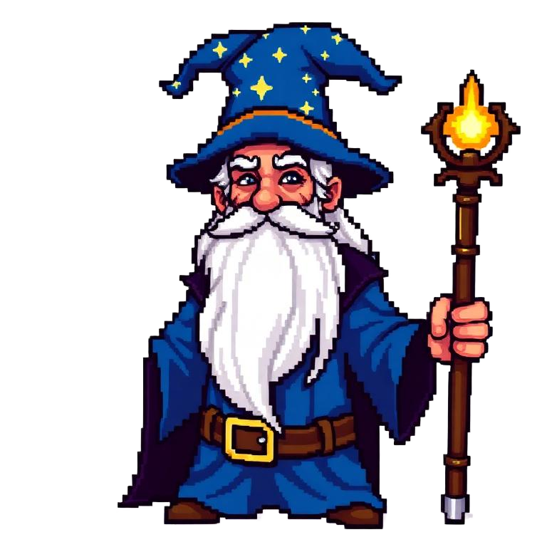 Pixel art wizard with white beard, blue robes and glowing staff.