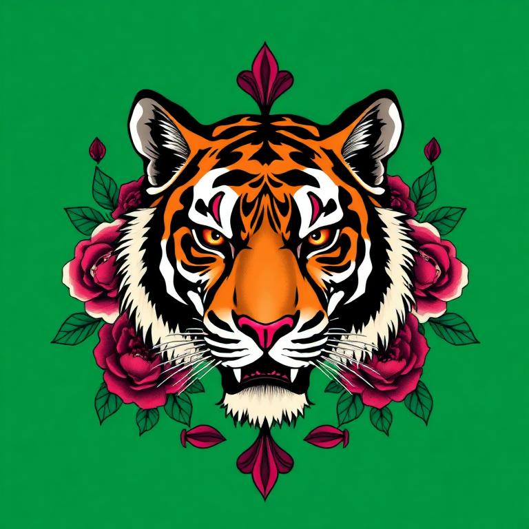 Bold tiger head illustration surrounded by red roses.
