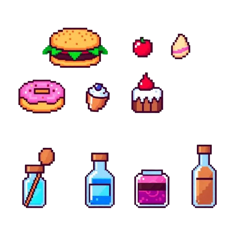 Pixel art icons of burgers, donuts, cake and potion bottles.