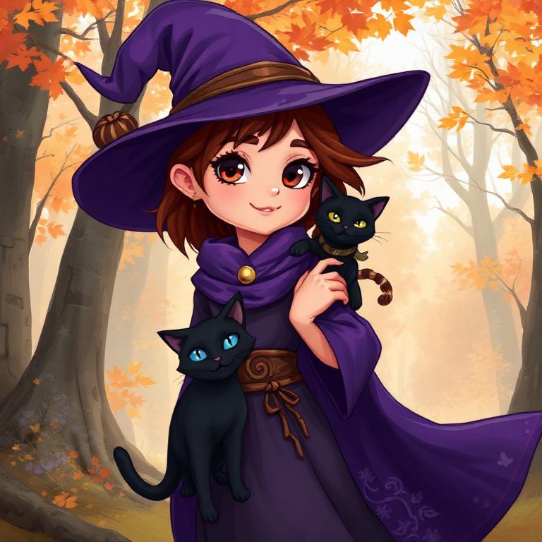 Stylized character of a young sorceress holding a black cat in autumn woods.