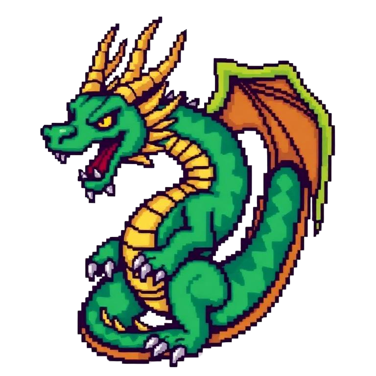 Pixel art coiled green dragon with golden horns.