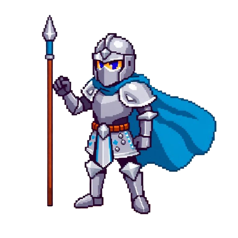 Pixel art knight with silver armor, blue cape and lance.
