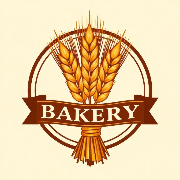 Bakery emblem with a wheat sheaf and ribbon.