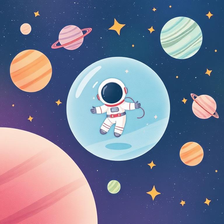 Pastel illustration of a tiny astronaut floating among planets.