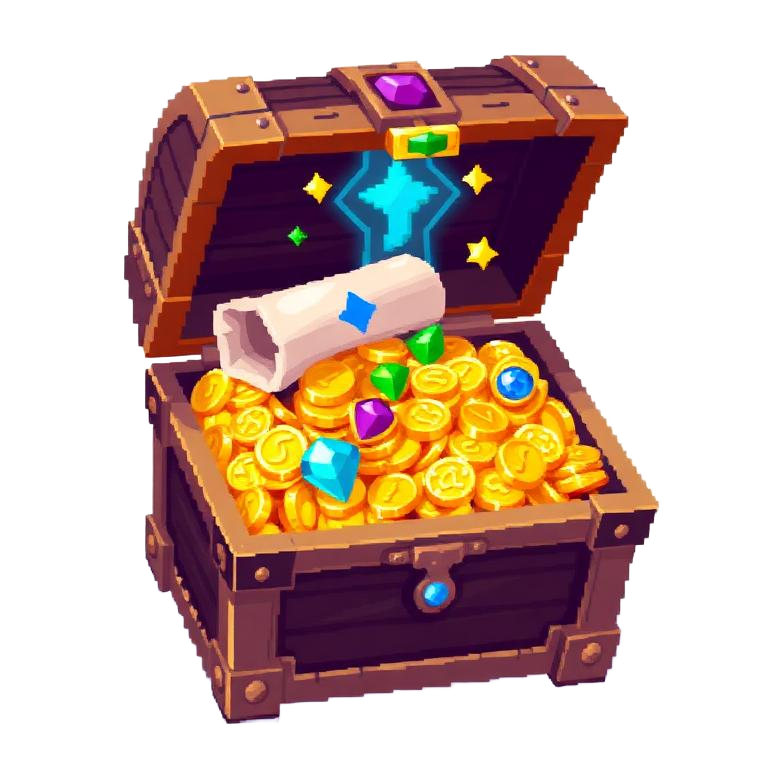 Pixel art treasure chest overflowing with coins and gems.