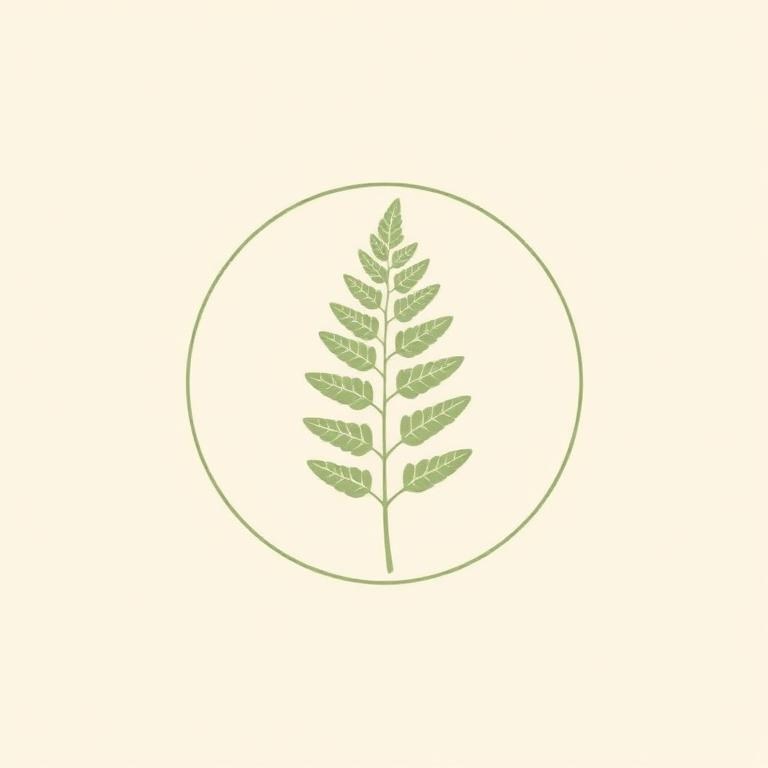 Minimal botanical logo of a fern inside a thin circle.