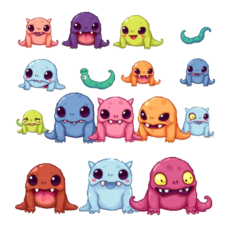 Pixel art set of colourful slime monster sprites.