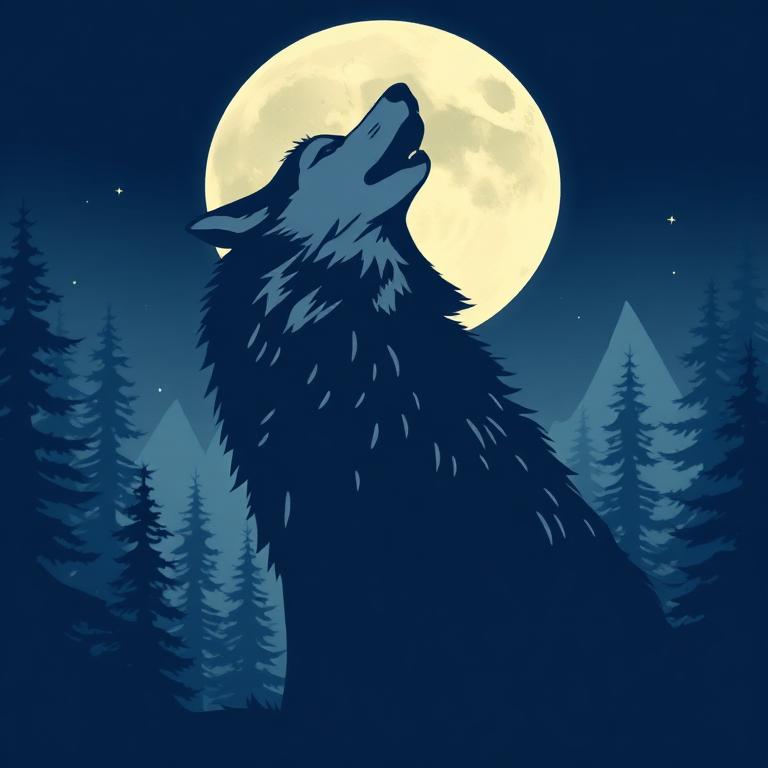 Poster illustration of a wolf silhouette howling at the moon.